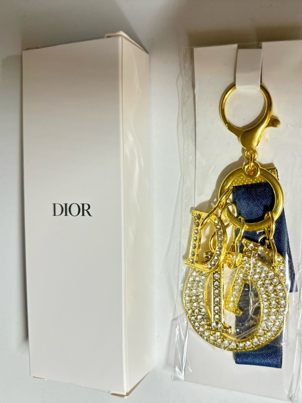 DIOR Gold Rhinestone-Studded Bag  Charm Key Holder with Navy Ribbon GWP NWB - Picture 3 of 11